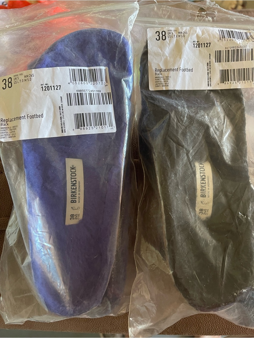 Birkenstock replacement footbeds size 7 women’s one blue one black